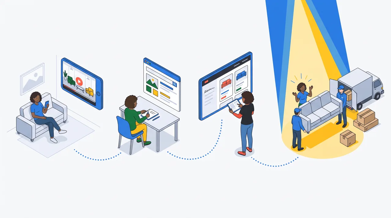 Quatro momentos de uma cliente ligados por uma linha: vê um vídeo, pesquisa no notebook, compara sofás no tablet e recebe o sofá em casa, com só o último momento sob holofote.