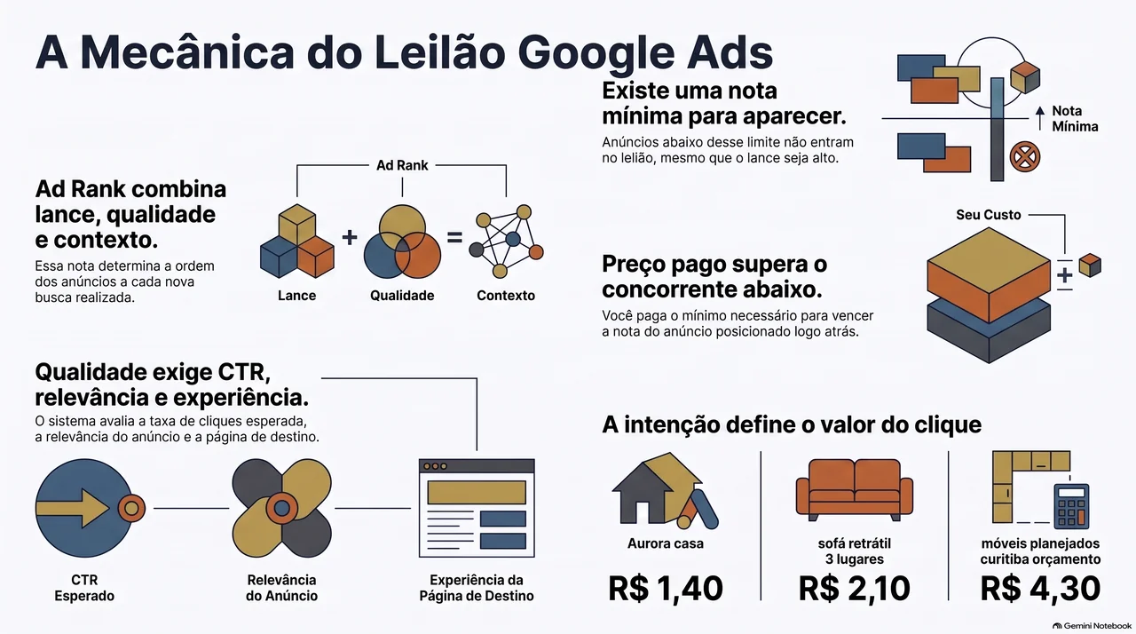Infográfico em português que mostra o Ad Rank como soma de lance, qualidade e contexto, as três partes da qualidade, a nota mínima para aparecer e o CPC de três consultas da Aurora Casa: R$ 1,40, R$ 2,10 e R$ 4,30.