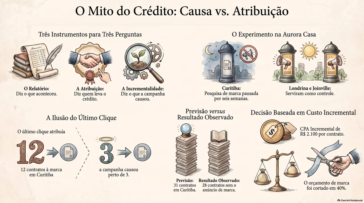 Infográfico em português que separa relatório, atribuição e incrementalidade e resume o geoexperimento da Aurora Casa: 12 contratos dados à marca pelo último clique contra perto de 3 causados, e 31 previstos contra 28 fechados em Curitiba.