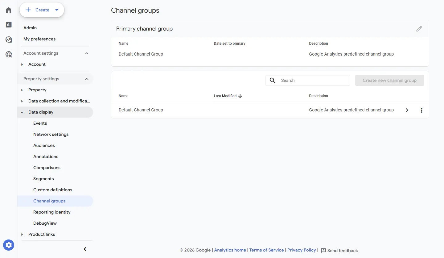 Grupos de canais (Channel groups): o grupo padrão do Google e o botão Criar novo grupo de canais (Create new channel group)