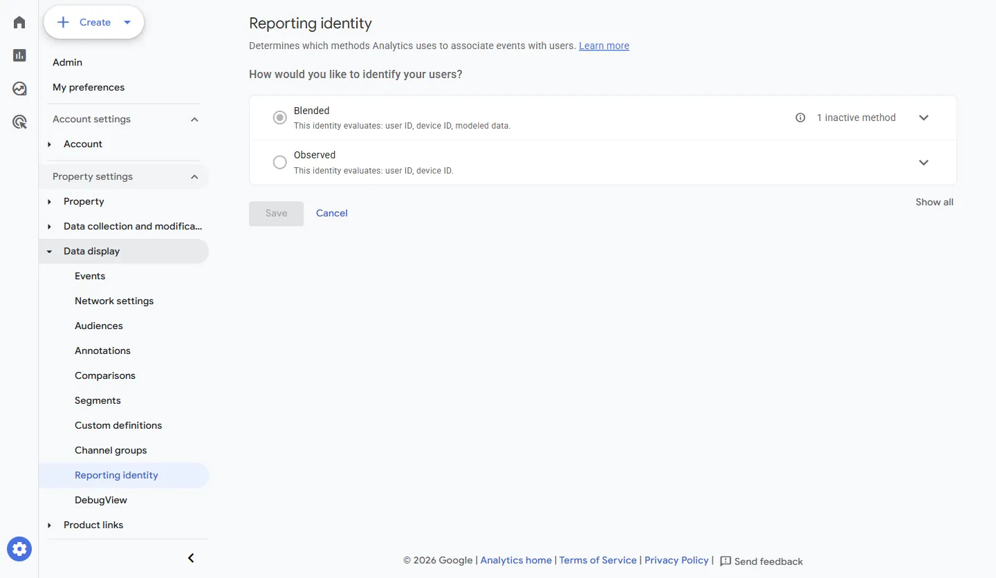 Identidade do relatório (Reporting identity): Combinada (Blended) ou Observada (Observed)