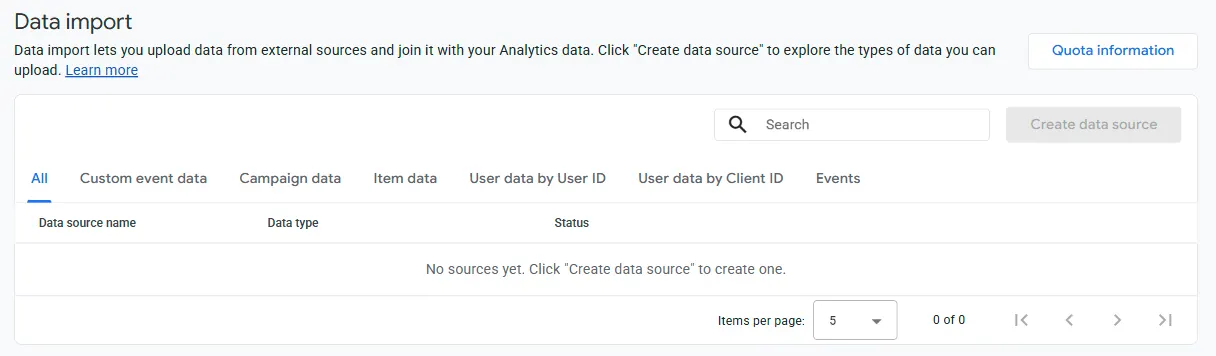 Tela Importação de dados (Data import) do GA4, com as abas Todos, Dados de eventos personalizados, Dados de campanha, Dados de itens, dados de usuário por User ID e por Client ID e Eventos, e o botão Criar fonte de dados