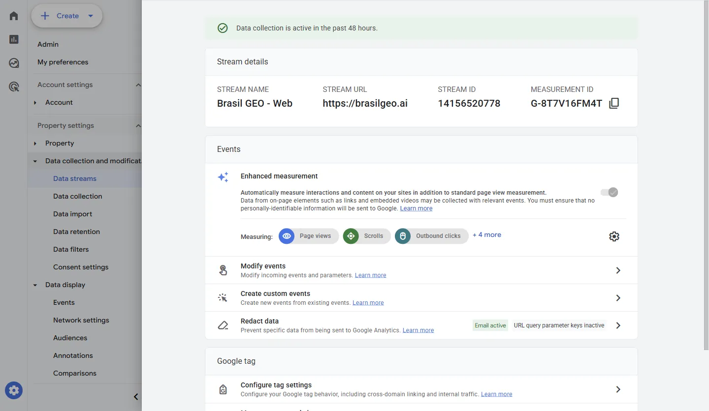 Detalhes do fluxo web: ID de medição, medição otimizada (Enhanced measurement) com os eventos ligados e, abaixo, Configurar a tag (Configure tag settings)