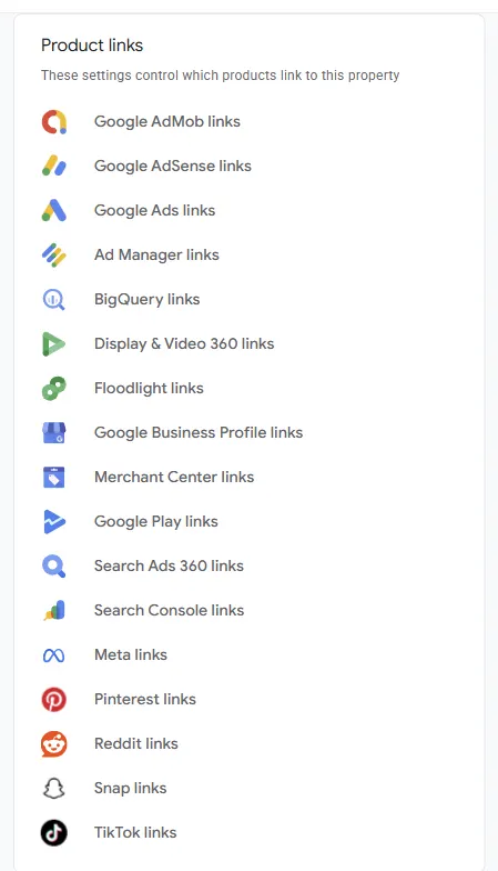 Cartão Vínculos de produtos (Product links) do Administrador do GA4, com as vinculações do Google e, no fim da lista, Meta, Pinterest, Reddit, Snap e TikTok
