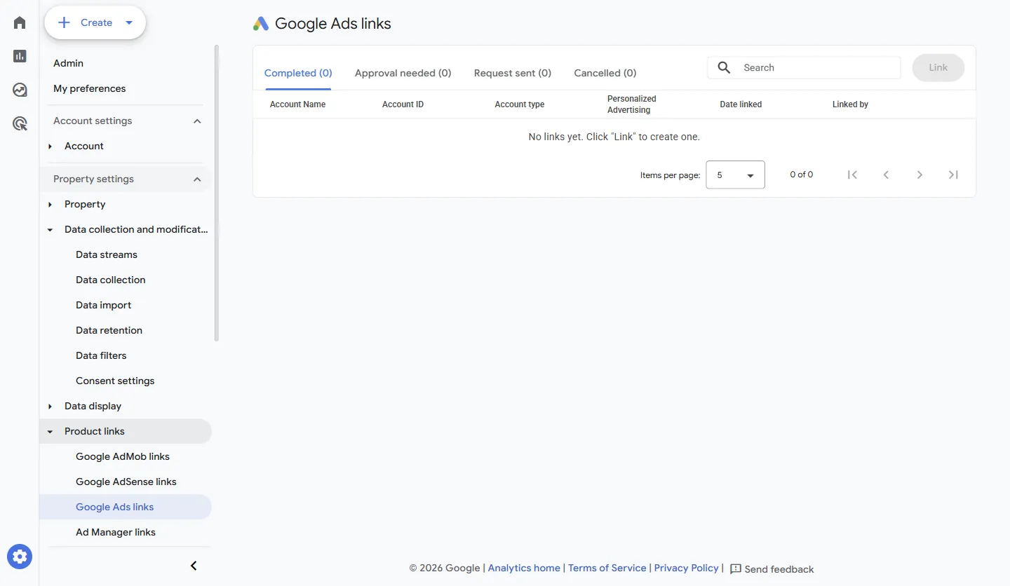 Vinculações do Google Ads (Google Ads links) no Administrador, com as abas de vinculações concluídas, pendentes e canceladas