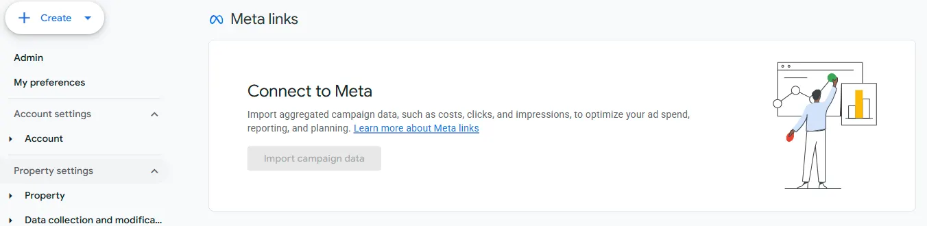 Tela Vinculações da Meta (Meta links) no Administrador do GA4, com o cartão Conectar à Meta, a explicação sobre importar custos, cliques e impressões agregados e o botão Importar dados de campanha