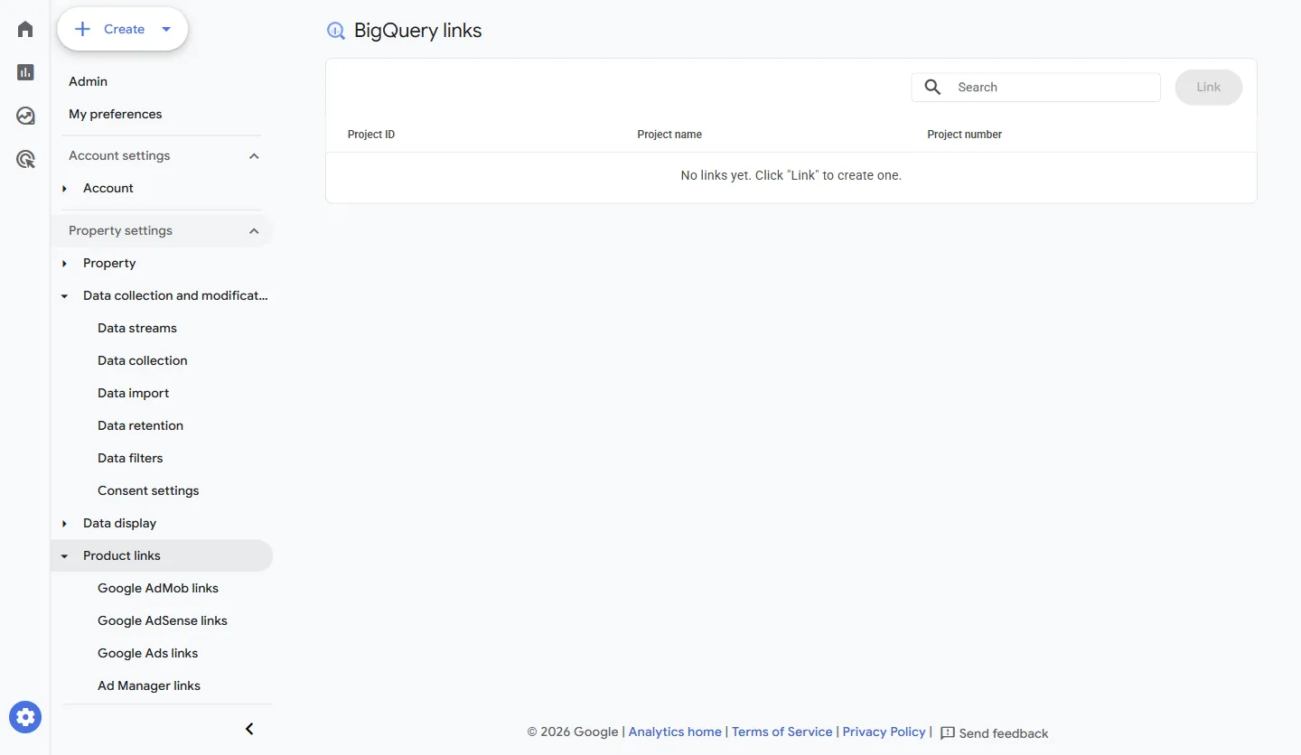 Vinculações do BigQuery (BigQuery links): o botão Vincular (Link) abre a escolha do projeto, da região e da exportação diária ou por streaming