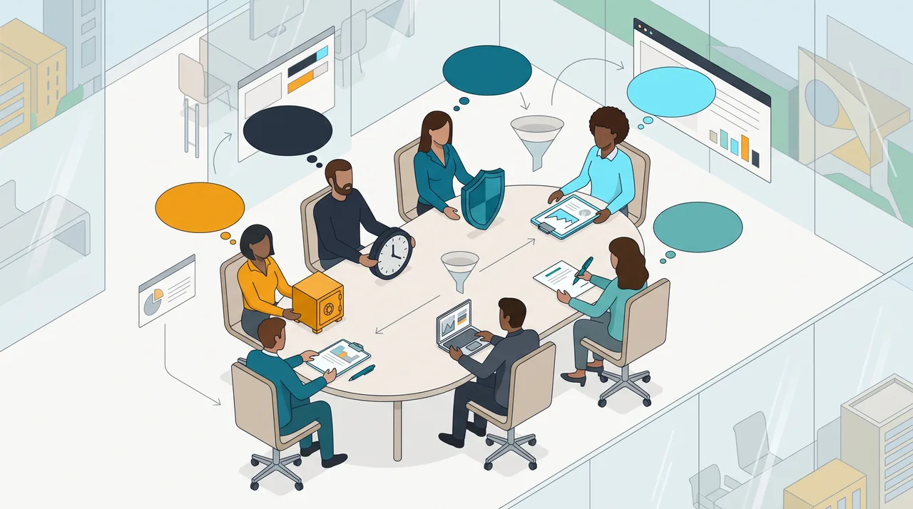 Profissionais ao redor de uma mesa de reunião, cada um com um objeto que simboliza a própria preocupação, como cofre, relógio, escudo e contrato.