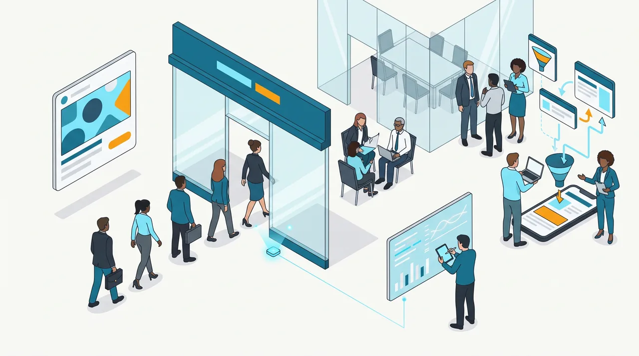 Vitrine de vidro que representa o site, com um pequeno sensor no rodapé registrando cada visitante que chega de um anúncio e enviando um único sinal a um painel