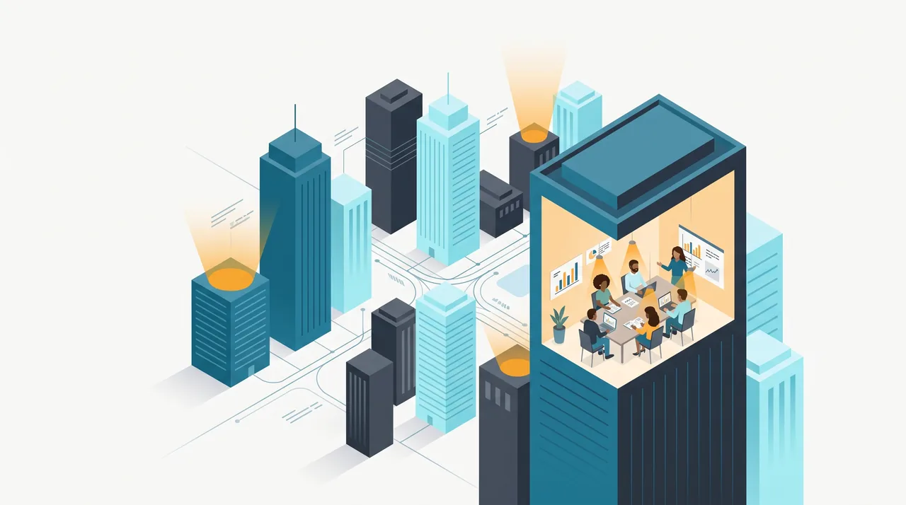 Distrito de prédios com algumas empresas iluminadas por holofotes e, dentro de uma delas, cinco pessoas do comitê de compra em volta de uma mesa