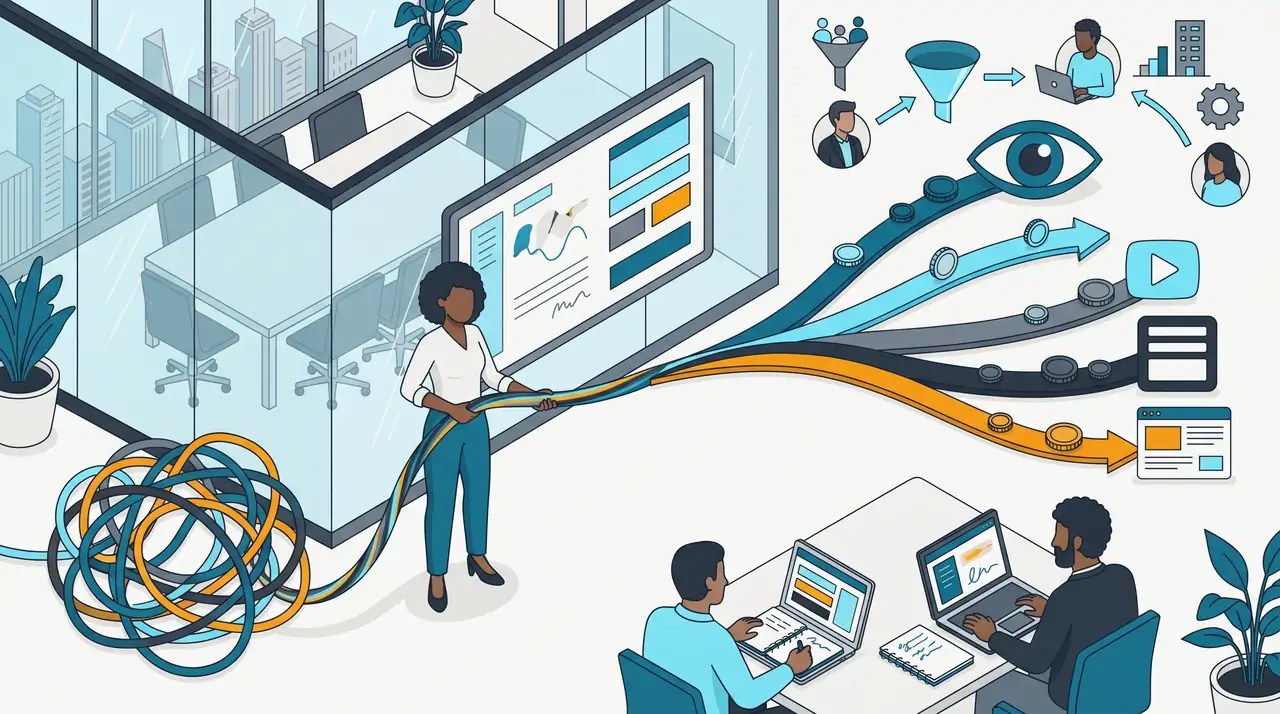 Gerente de marketing separa um fio embaraçado em quatro trilhos coloridos, cada um levando a um destino diferente: olho, vídeo, formulário e site.