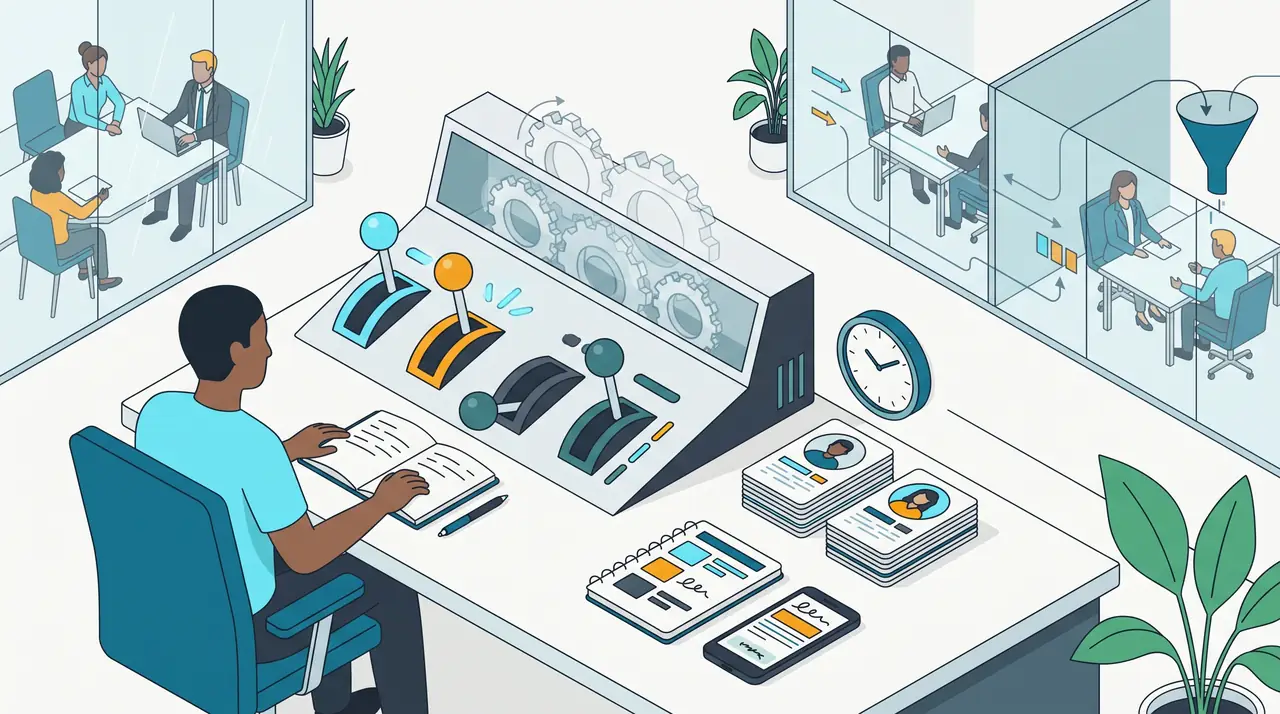 Analista diante de uma mesa de controle com quatro interruptores, alguns ligados e outros desligados, engrenagens girando atrás e um caderno de registro aberto.