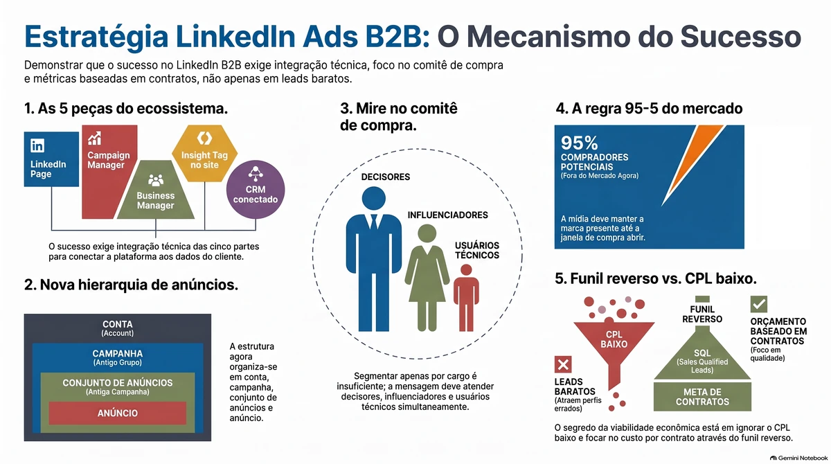 Infográfico com as cinco peças do ecossistema do LinkedIn Ads, a nova hierarquia conta, campanha, conjunto de anúncios e anúncio, o comitê de compra, a regra 95-5 e o funil reverso contra o CPL baixo.