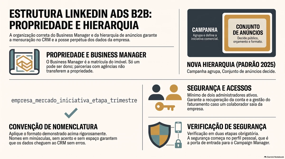 Infográfico sobre propriedade e hierarquia: o Business Manager como dono da conta, a campanha que agrupa e o conjunto de anúncios que decide, a convenção de nomes em minúsculas, dois administradores e verificação em duas etapas.