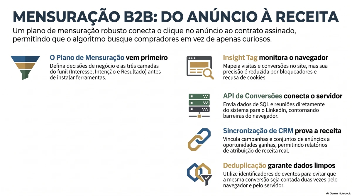 Infográfico do plano de mensuração B2B: o plano vem primeiro, o Insight Tag no navegador, a Conversions API pelo servidor, a sincronização com o CRM e a deduplicação por identificador de evento.