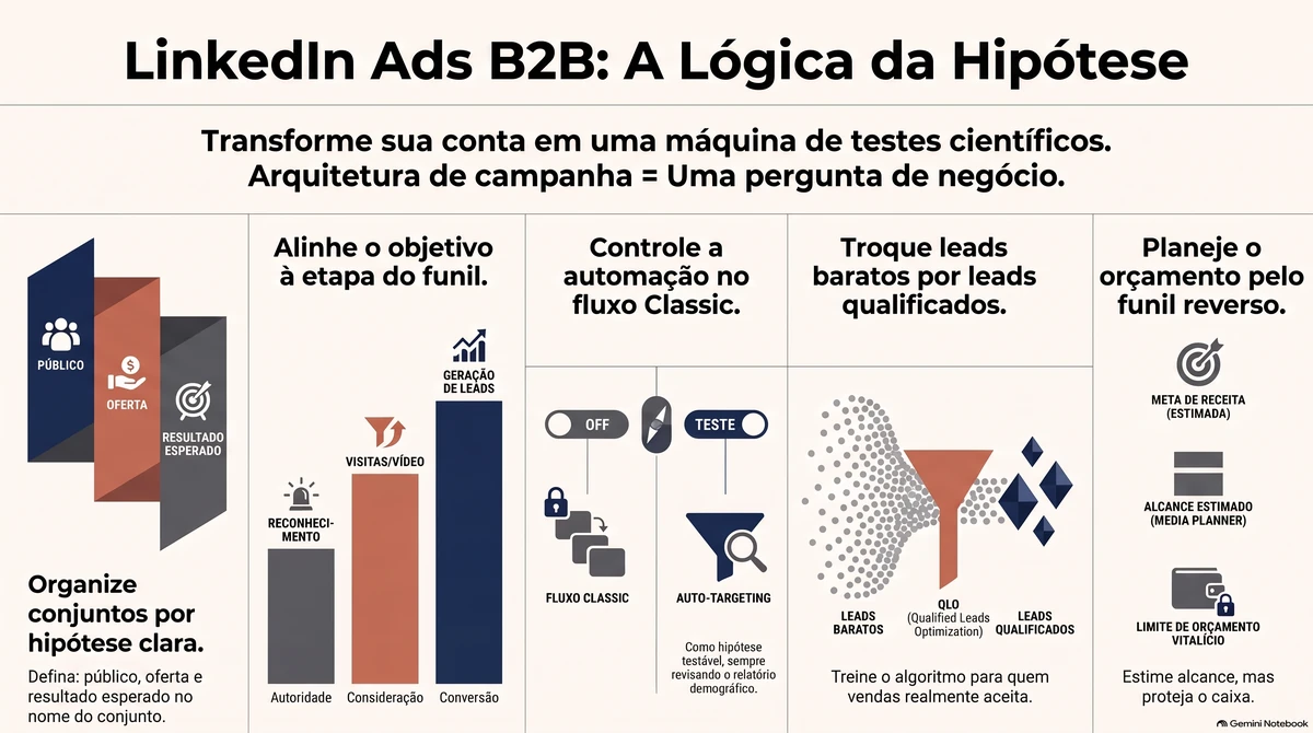 Infográfico sobre objetivos e automação: conjuntos organizados por hipótese, objetivo alinhado à etapa do funil, Auto-Targeting como teste no fluxo Classic, otimização para leads qualificados e orçamento pelo funil reverso.