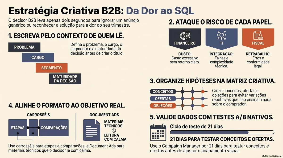 Infográfico sobre estratégia criativa B2B: escrever pelo contexto de quem lê, atacar o risco de cada papel do comitê, organizar a matriz criativa, escolher o formato e validar com testes A/B nativos.