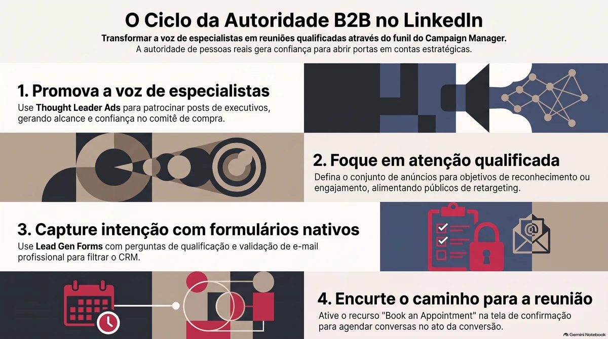 Infográfico em quatro faixas: Thought Leader Ads para a voz de executivos, atenção qualificada com retargeting, Lead Gen Forms com perguntas de qualificação e agendamento na tela de confirmação.