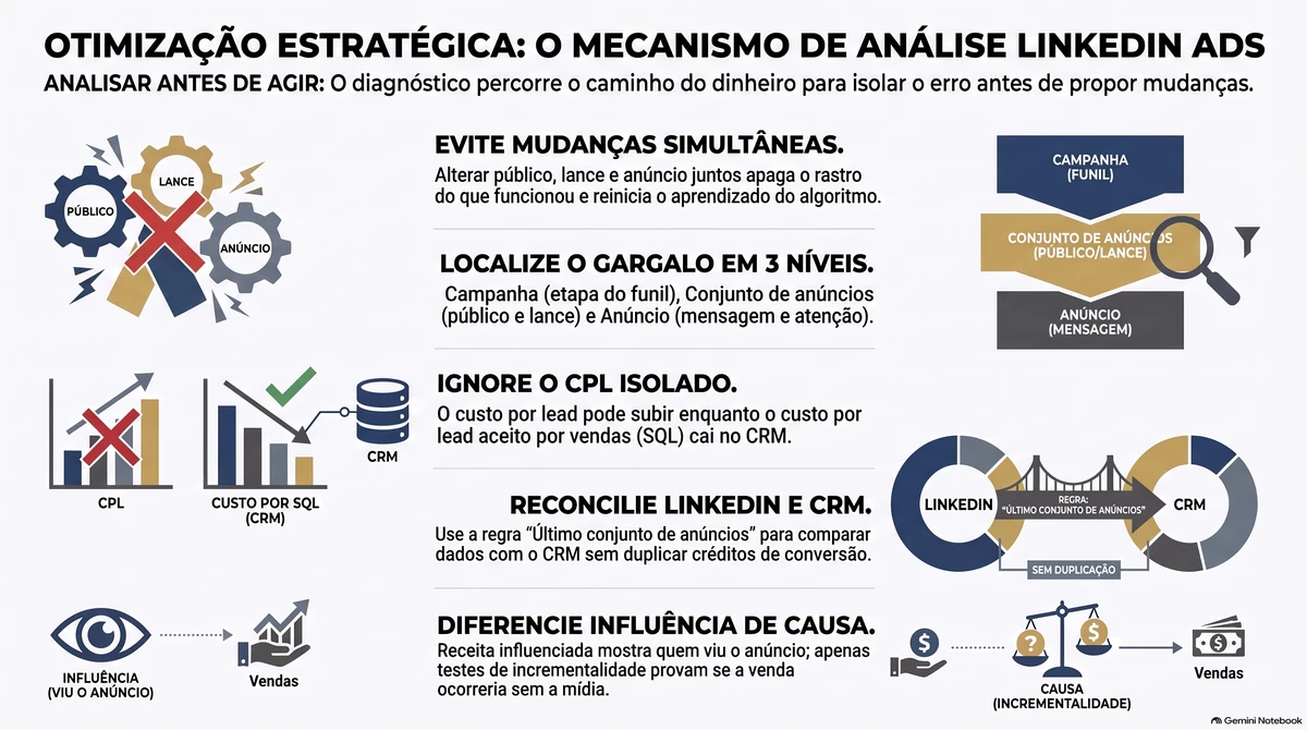 Infográfico sobre análise de resultados: evitar mudanças simultâneas, localizar o gargalo em três níveis, olhar o custo por SQL, reconciliar LinkedIn e CRM pelo último conjunto e separar influência de causa.