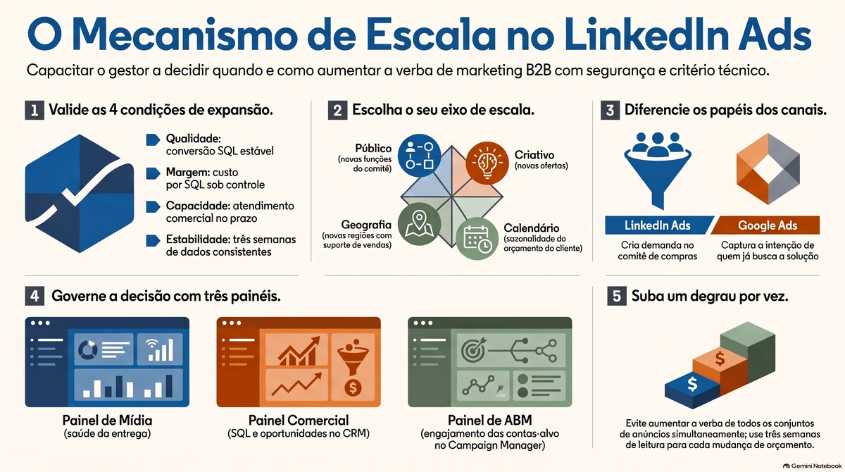 Infográfico sobre escala: as quatro condições de expansão, os eixos público, criativo, geografia e calendário, o papel do LinkedIn Ads e do Google Ads, três painéis de decisão e o aumento de verba um degrau por vez.