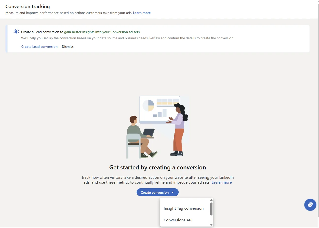 Página Conversion tracking do Campaign Manager com o menu do botão Create conversion aberto, mostrando as opções Insight Tag conversion e Conversions API