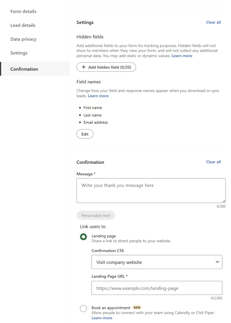 Seções Settings e Confirmation do editor de Lead Gen Form, com o botão Add hidden field (0/20), a lista Field names, a mensagem de agradecimento, a opção Landing page e a opção Book an appointment com o selo New