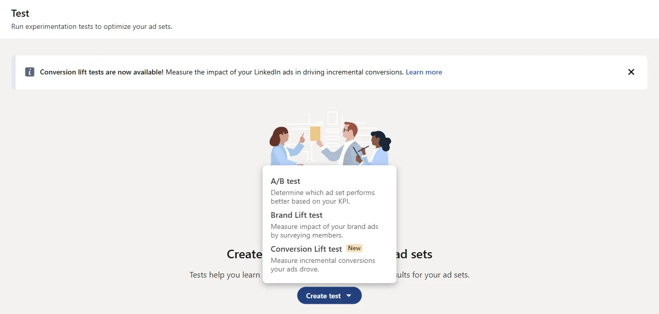 Página Test do Campaign Manager com o menu do botão Create test aberto, listando A/B test, Brand Lift test e Conversion Lift test com o selo New