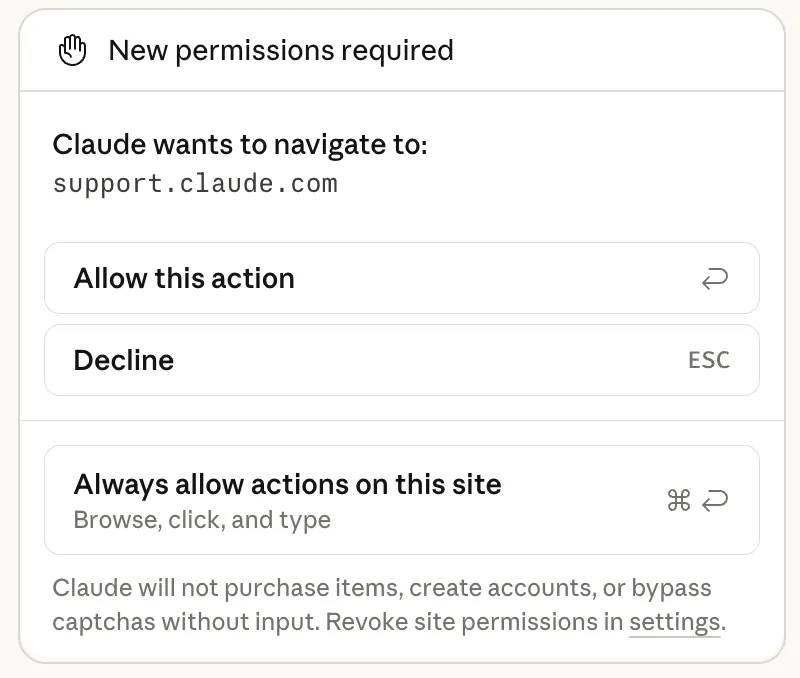 Caixa New permissions required da extensão: Claude quer navegar para um domínio, com as opções Allow this action, Decline e Always allow actions on this site, e o aviso de que não compra, não cria conta e não burla captcha sem a sua participação.