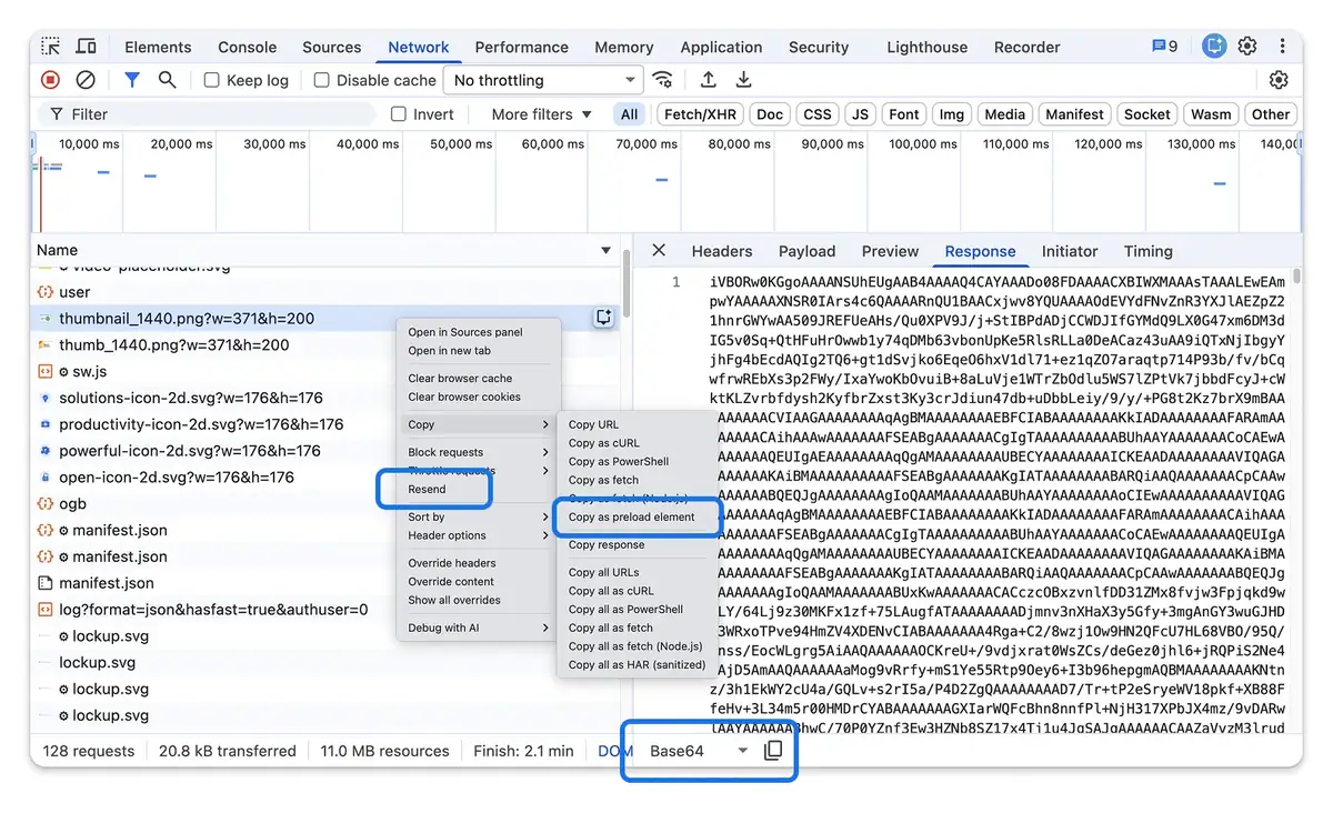 Painel Network do Chrome DevTools com o menu de contexto de uma requisição aberto, destacando a opção Resend e o submenu Copy com Copy as fetch e Copy as preload element, e a aba Response da requisição com o seletor de decodificação Base64.