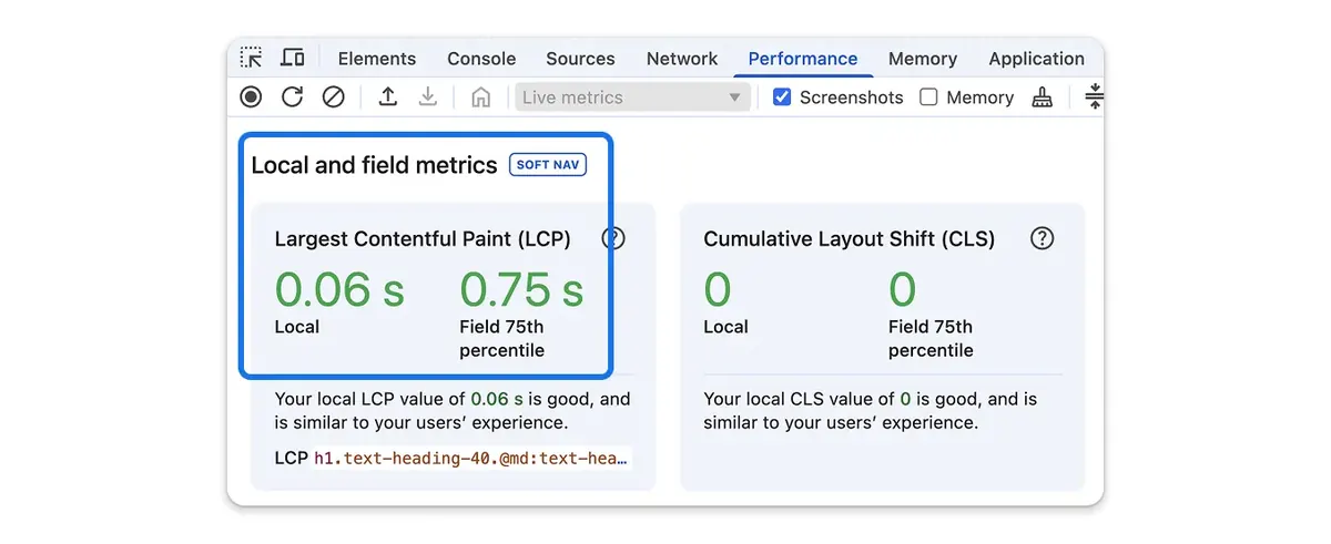 Painel Performance do Chrome DevTools com a seção Local and field metrics marcada como SOFT NAV: o cartão de LCP mostra o valor local ao lado do percentil 75 de campo, e o cartão de CLS faz o mesmo, cada um com uma frase comparando a medição local com a experiência dos usuários.