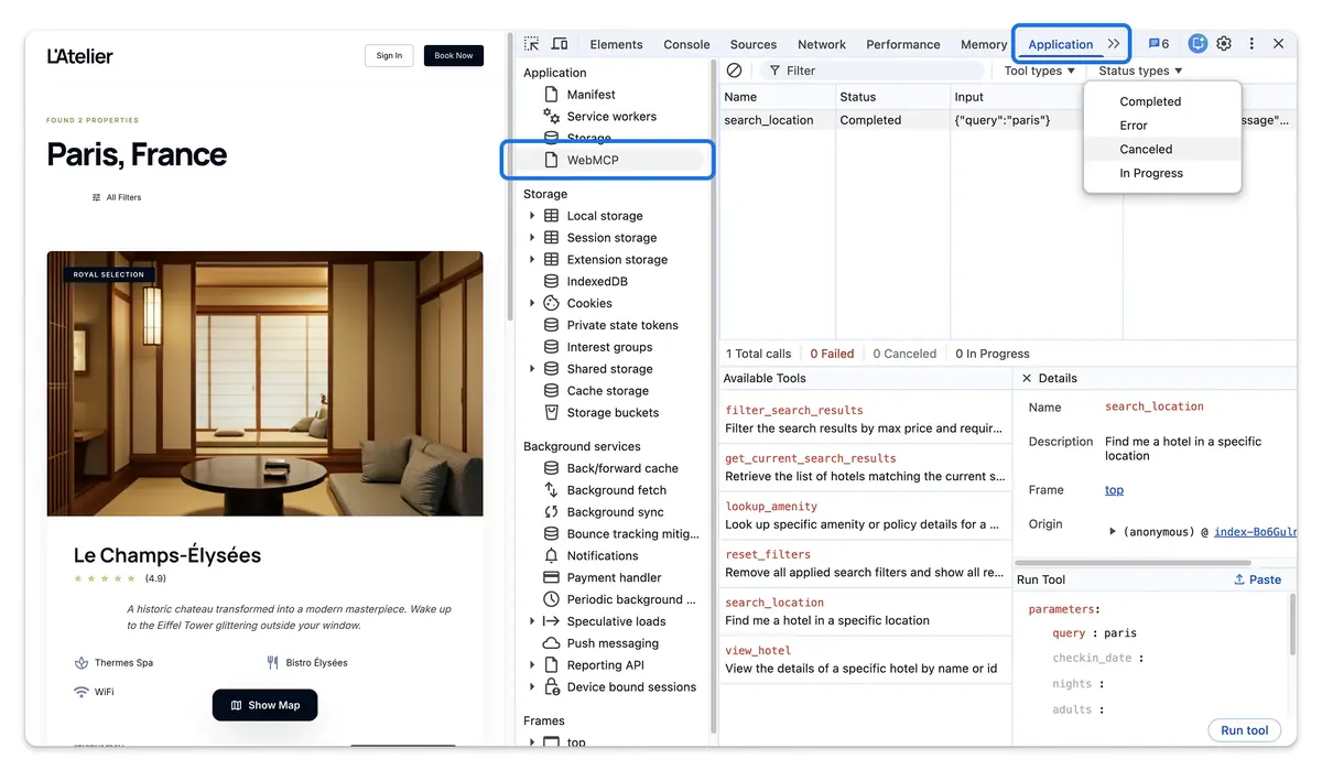 Chrome DevTools com o painel Application aberto na seção WebMCP: ao lado de uma página de reserva de hotel, a lista Available Tools mostra ferramentas registradas pela página, como search_location e view_hotel, com descrição, histórico de chamadas com status e um formulário Run Tool para executar a ferramenta manualmente.