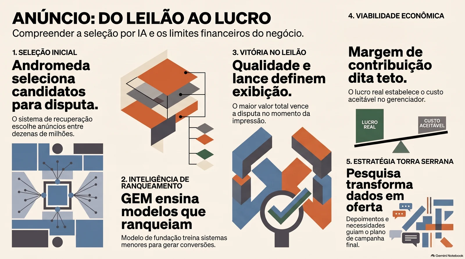 Infográfico em cinco blocos numerados que vai da seleção de candidatos pelo Andromeda, passa pelo ranqueamento ensinado pelo GEM e pela vitória no leilão, até a margem de contribuição como teto de custo e a pesquisa que guia o plano da Torra Serrana.