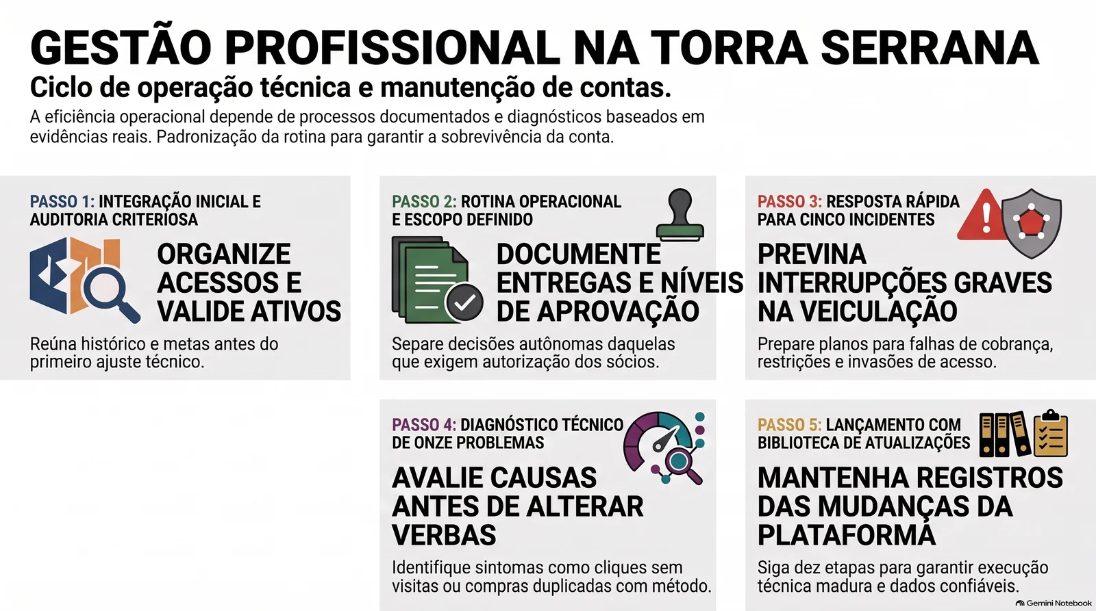 Grade com cinco passos ilustrados: onboarding e auditoria, rotina com escopo e aprovações, resposta aos cinco incidentes, diagnóstico dos onze problemas antes de mexer em verba e lançamento do projeto com biblioteca de atualizações.