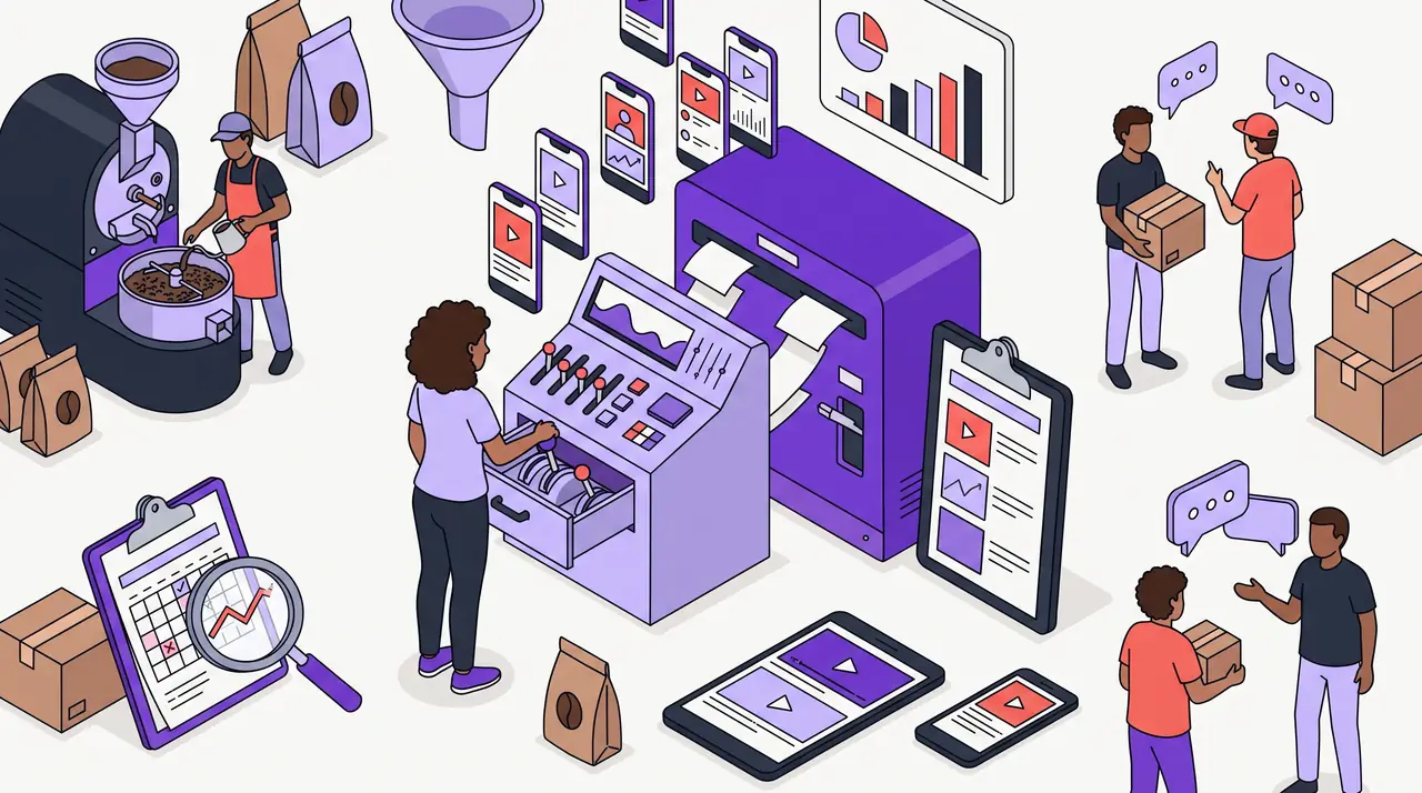 Gestora de tráfego diante de um painel com as alavancas manuais recolhidas numa gaveta, enquanto um mecanismo automático distribui anúncios para vários celulares.