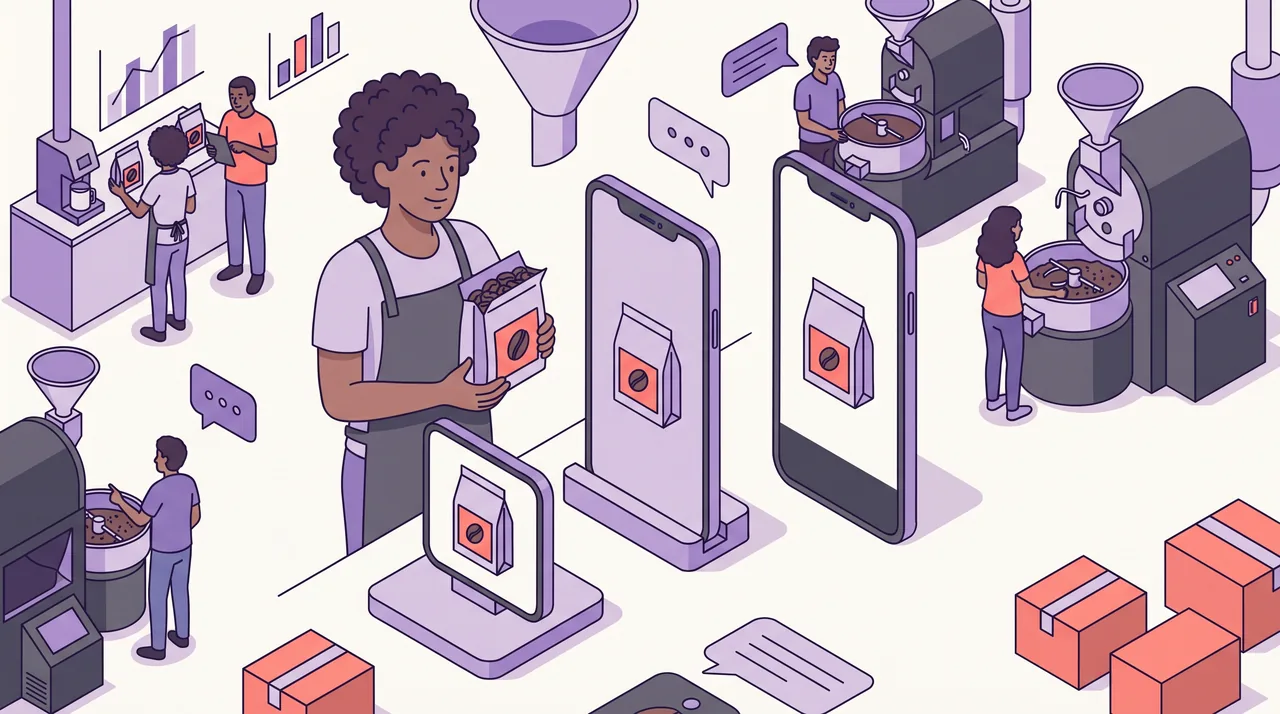 Barista mostra um pacote de café diante de três celulares com enquadramentos diferentes do mesmo produto.