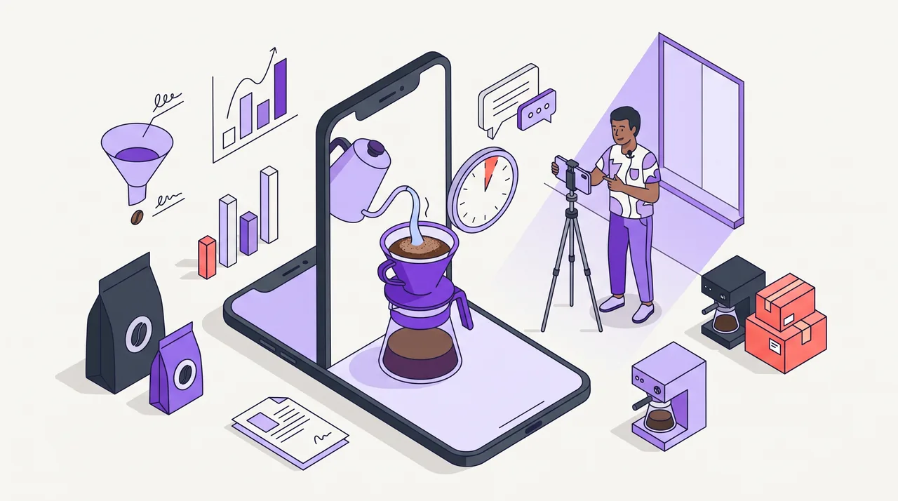 Celular vertical mostra água caindo sobre o café no coador enquanto um cronômetro destaca só o primeiro instante; ao fundo, um videomaker grava na vertical.