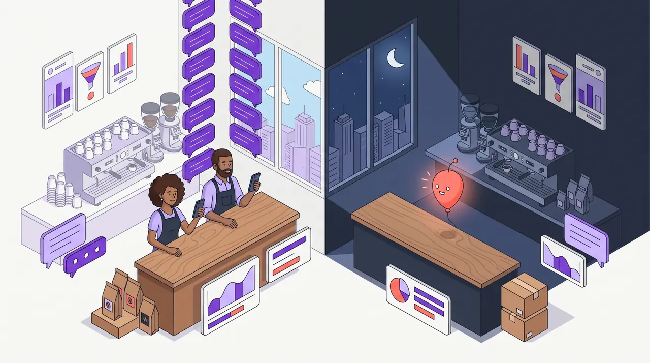 Dois atendentes de uma escola de barista respondem a balões de conversa durante o dia, enquanto à noite um assistente luminoso cuida das respostas.