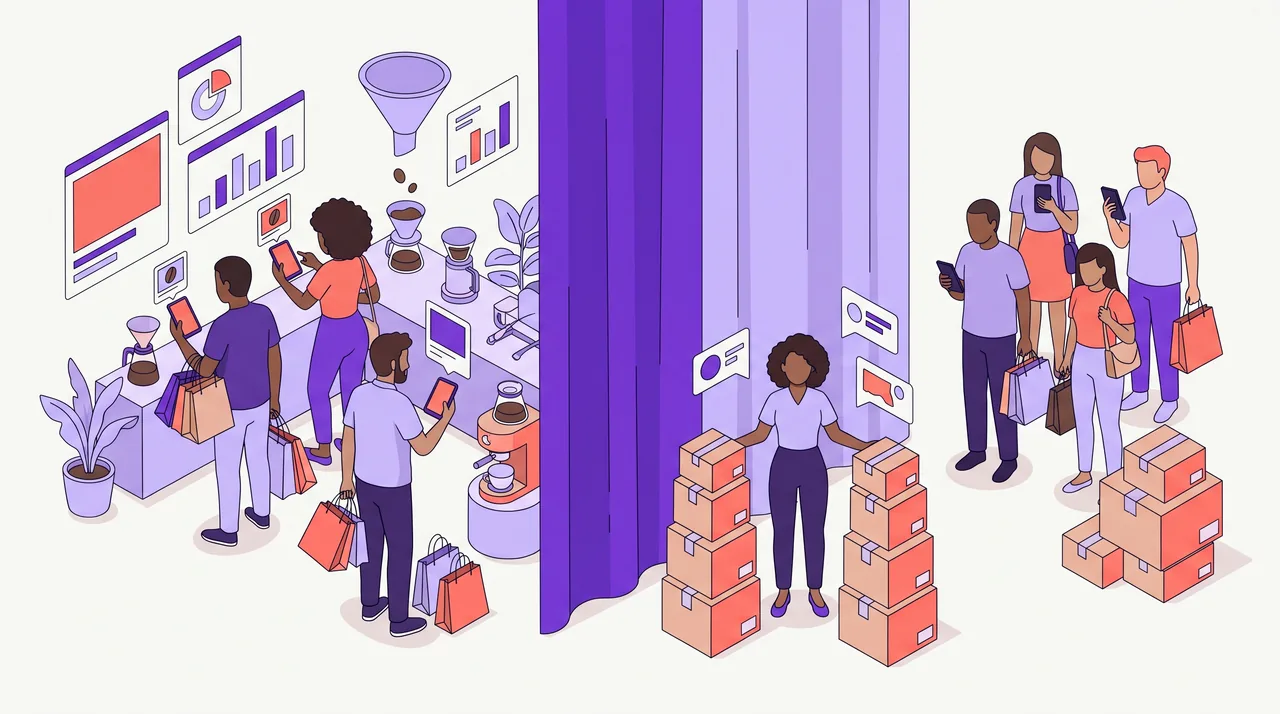 Uma cortina divide dois grupos de clientes, um exposto a anúncios e outro sem anúncio, e uma analista compara pilhas de caixas quase iguais.