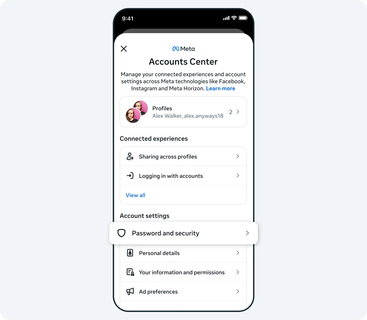 Tela da Central de Contas da Meta no celular, com a opção Senha e segurança em destaque na lista de configurações da conta.