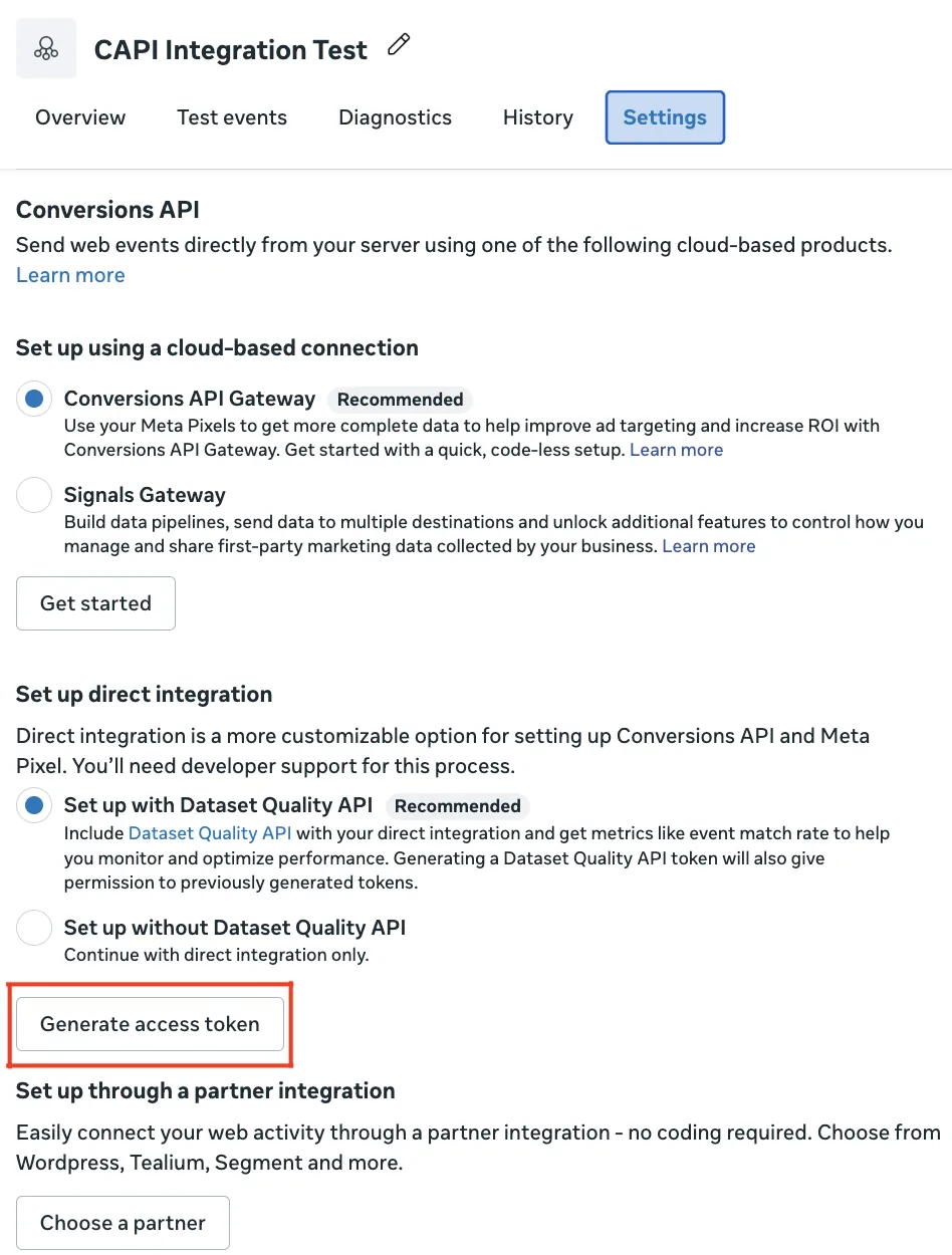 Aba Configurações de um conjunto de dados no Gerenciador de Eventos, com as opções da API de Conversões: Conversions API Gateway, Signals Gateway, integração direta com a Dataset Quality API e o botão Generate access token, e integração por parceiro.