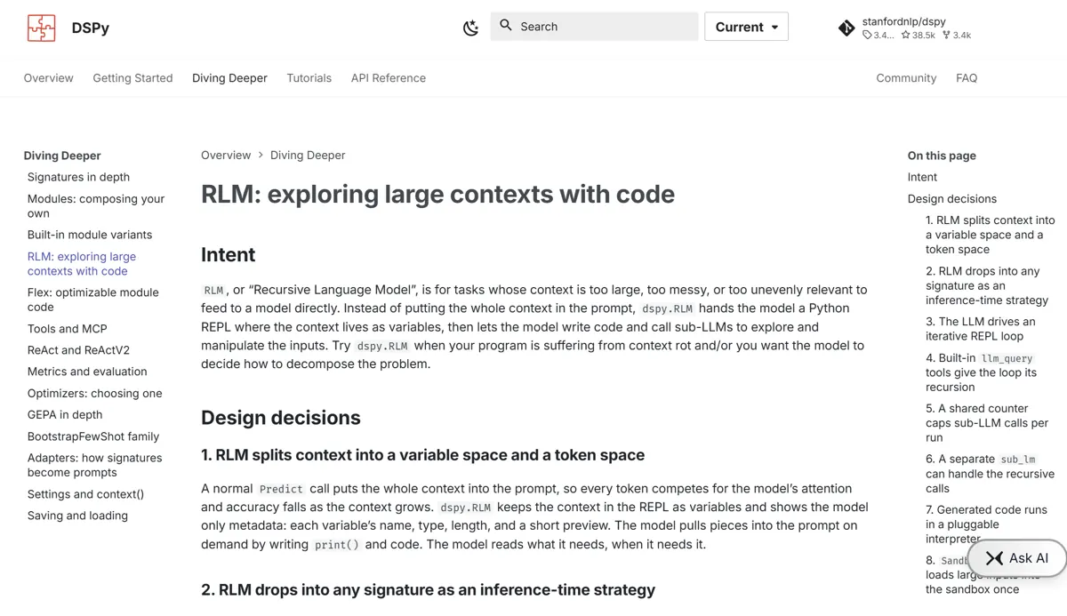Página da documentação do DSPy intitulada RLM: exploring large contexts with code, com a seção Intent e o começo das decisões de desenho, e um índice lateral que lista onze decisões, como o contador compartilhado de subchamadas e o intérprete substituível.