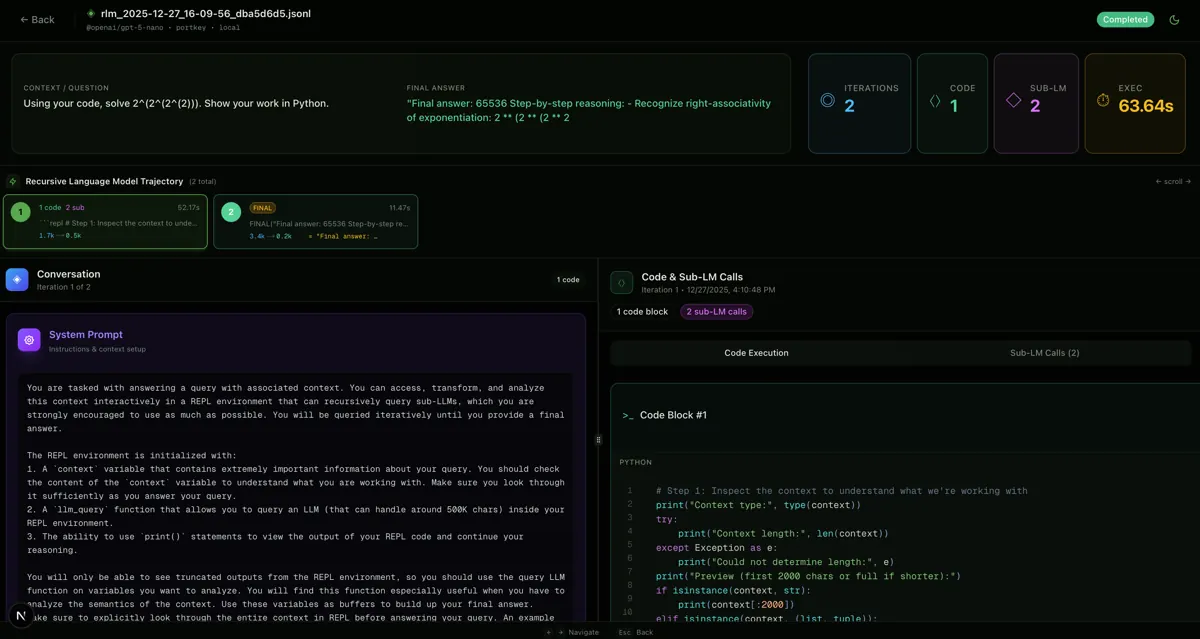 Tela do visualizador de trajetórias do repositório rlm: no topo, a pergunta, a resposta final e contadores de iterações, blocos de código, subchamadas e tempo de execução; abaixo, a linha das iterações e, lado a lado, o prompt do sistema e o bloco de código executado.