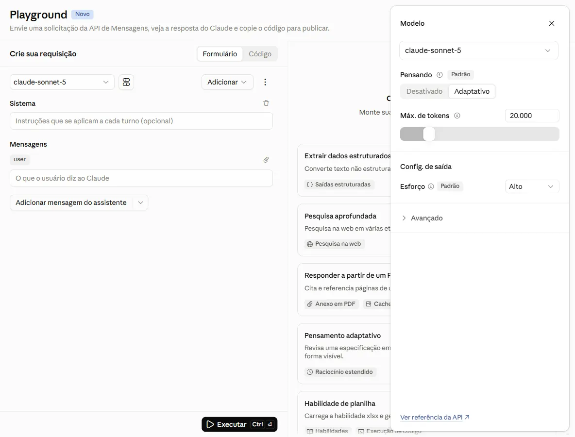 Tela do Playground do Claude Console em português. À esquerda, o formulário da requisição com o seletor de modelo, o campo Sistema e o campo de mensagem do usuário. À direita, o painel de configurações do modelo aberto, com Pensando em Adaptativo, Máximo de tokens em 20.000 e Esforço em Alto.