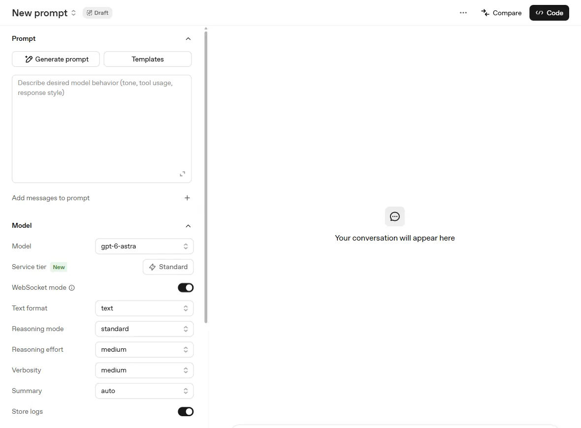 Tela do Playground da OpenAI com um prompt em rascunho. À esquerda, a seção Prompt com um campo para descrever o comportamento do modelo. Abaixo, a seção Model com o modelo gpt-6-astra, formato de texto, esforço de raciocínio em medium e verbosidade em medium. No alto, os botões Compare e Code.
