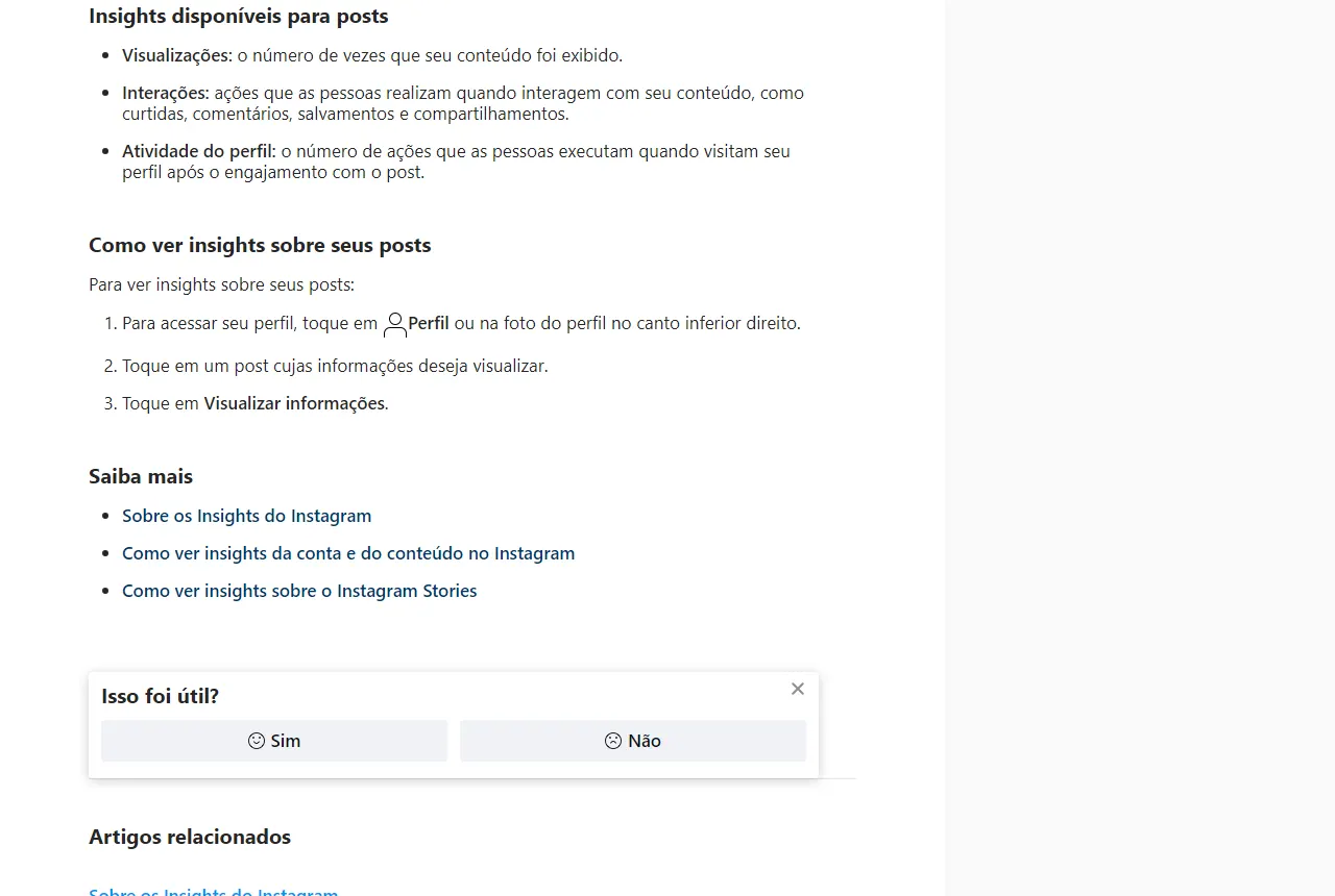 Página da Central de Ajuda do Instagram em português com a lista de insights disponíveis para posts e os passos para vê-los