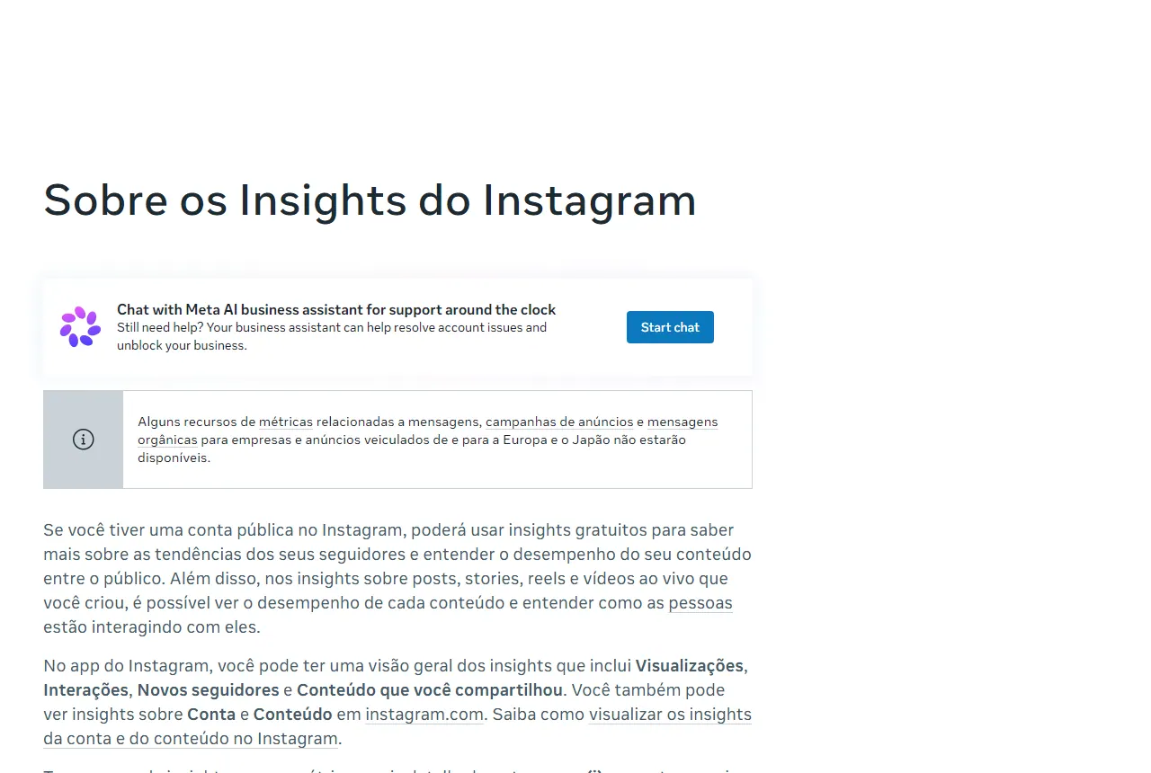 Página Sobre os Insights do Instagram na Central de Ajuda para Empresas da Meta