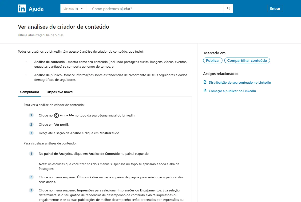 Página de ajuda do LinkedIn em português sobre análises de criador de conteúdo, com os passos no computador
