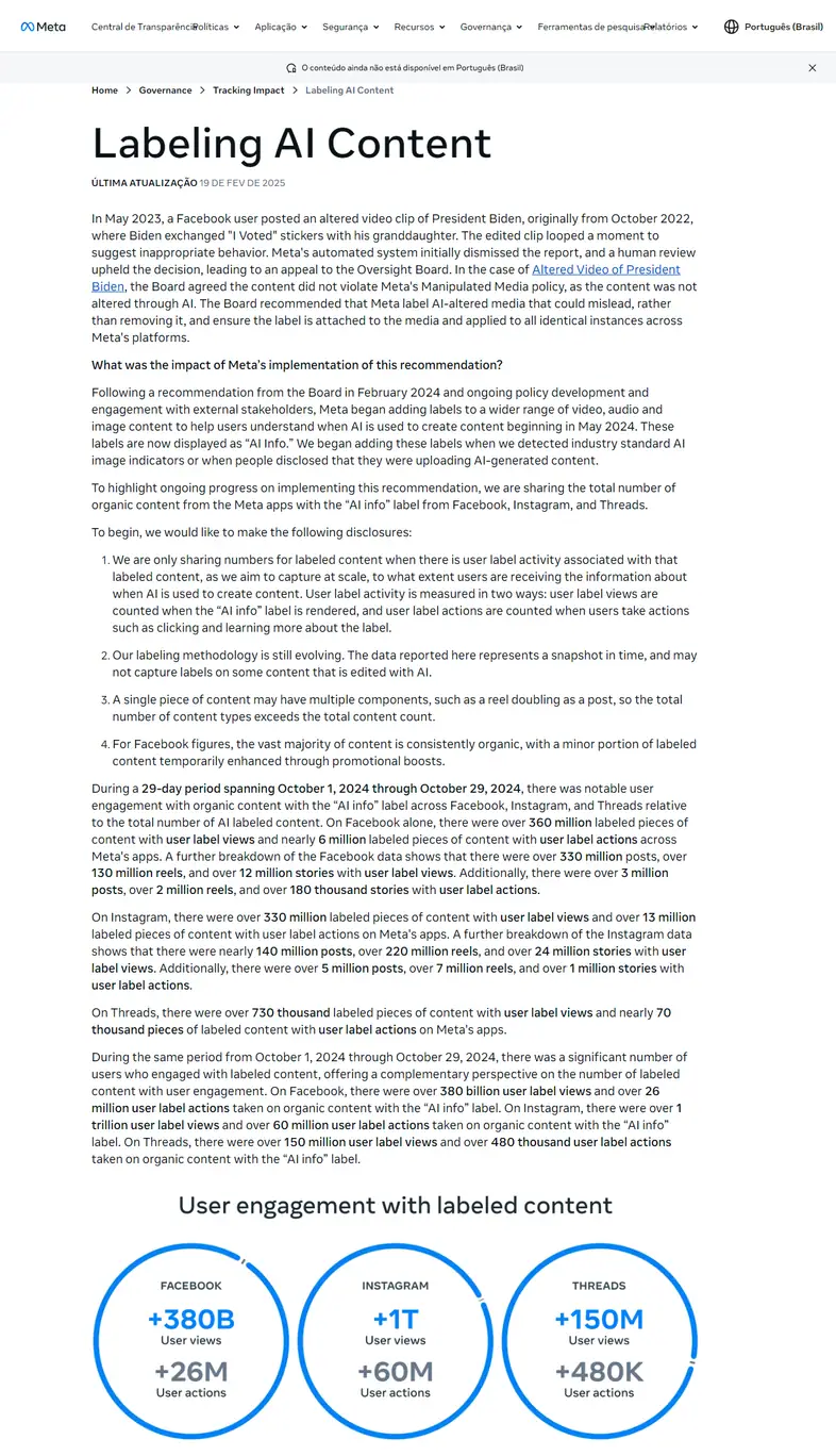 Página Labeling AI Content da Central de Transparência da Meta, com a data de atualização e o trecho sobre o rótulo AI info