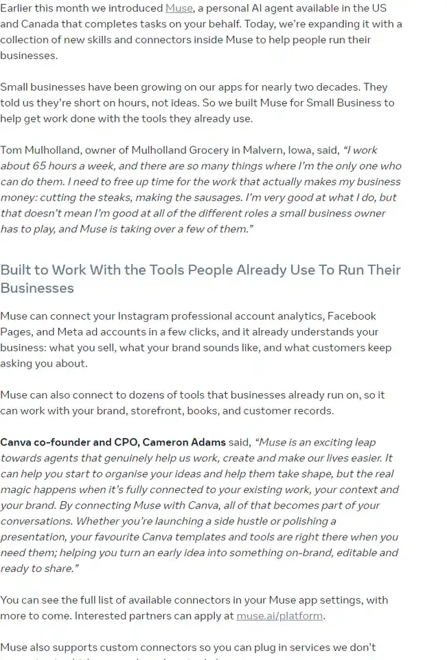 Trecho do anúncio do Muse for Small Business, da Meta, com a seção sobre conexão às análises da conta profissional do Instagram, às Páginas do Facebook e às contas de anúncio