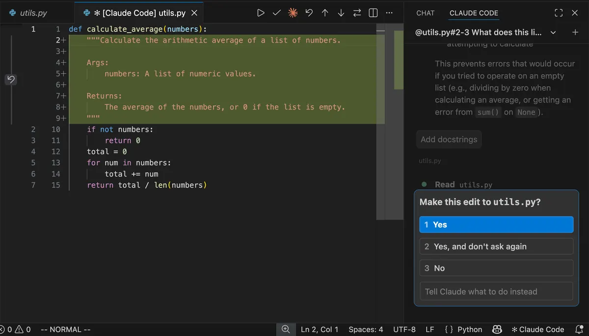 Extensão do Claude Code no VS Code mostrando o diff de uma função Python à esquerda e, à direita, a pergunta Make this edit to utils.py com as opções Yes, Yes and don't ask again e No
